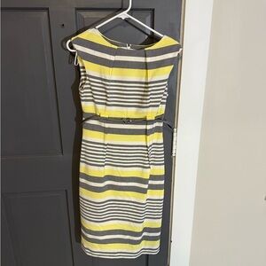Calvin Klein Yellow, Gray & White Striped Sleeveless Sheath Dress